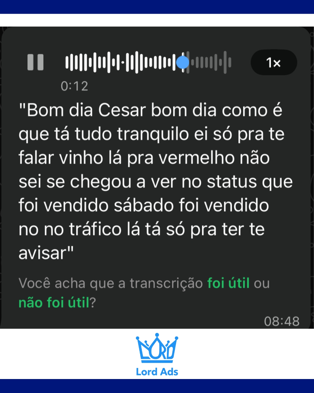 Áudio de cliente avisando sobre venda realizada através do tráfego pago