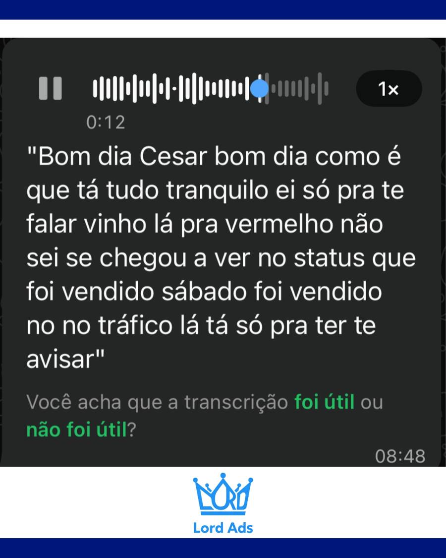Áudio de cliente avisando sobre venda realizada através do tráfego pago